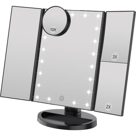Makeup mirror with adjustable brightness, 22 LEDs and 1X/2X/3X magnification, dual power supply (black) (1/5)