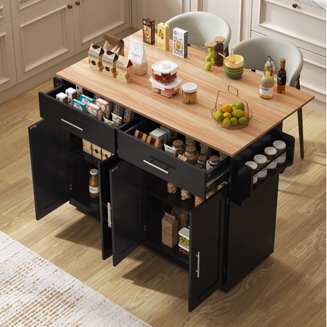 Sideboard 120/46/91,5 cm en negro y natural con tablero abatible, cajones y ruedas (1/5)