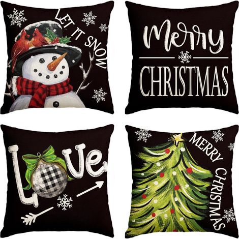 Lot de 4 housses de coussin décoratives noires Que la neige tombe avec bonhomme de neige, 45 x 45 cm, motif sapin de Noël (1/5)