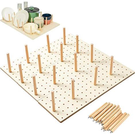 Lot de 3 Organiseurs D'assiettes en Bois Massif, Crochet Amovible Porte-assiettes, Tiroir, Plaque Perforée en Bois, Convient pour Bols, Assiettes et Casseroles (1/5)