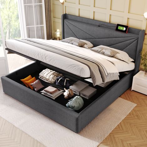 Lit rembourré, avec USB Type C tête de lit, lits de rangement, sommier à lattes, 180x200cm, en tissu, gris (sans matelas) (1/5)