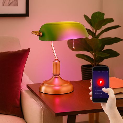 Smart LED Schreibtischleuchte Bankerlampe Tischlampe altmessing Glas grün Leseleuchte, Farbwechsel, App Sprachsteuerung, 8,5W 806lm warmweiß, LxH 26,5x36 cm (1/5)