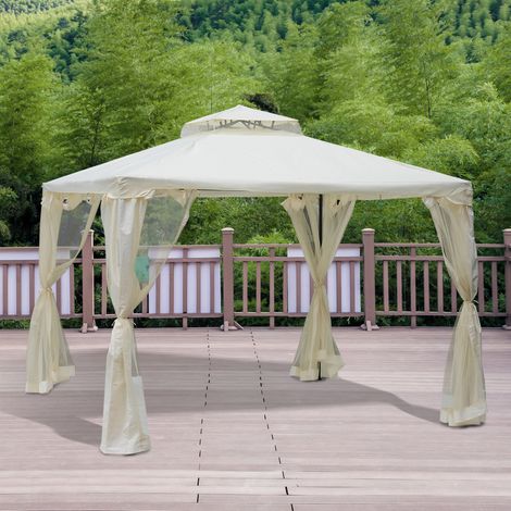 Outsunny Cenador de Jardín 3x3 m Pabellón de Exterior con Doble Techo de Ventilación 4 Cortinas Mosquiteras Laterales con Cremallera 8 Orificios de Drenaje Gazebo para Fiestas Patio Crema
