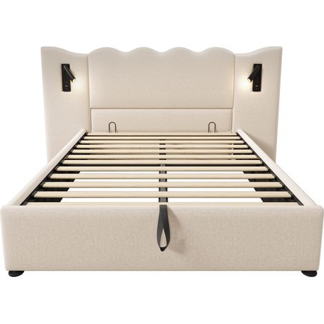 Lit double capitonné 160×200 avec lampe de lecture et fonction de charge USB Type-C, lit coffre avec cadre à lattes en bois massif et métal, beige, lin (sans matelas) (1/5)