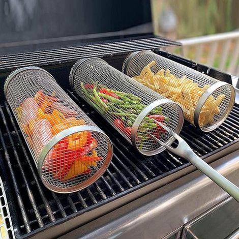 Cesta grande para parrilla con ruedas, de acero inoxidable, antiadherente, para pescado y verduras, picnic, fogata y camping. 2 piezas (20 cm) (1/5)