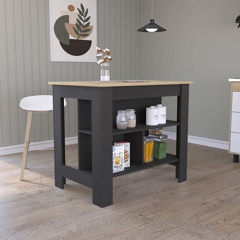 Tuhome Concept – Ilot de cuisine Cala – Desserte avec 3 étagères – Dimensions 90 cm H x 103 cm L x 70 cm P – Noir et chêne clair (1/4)
