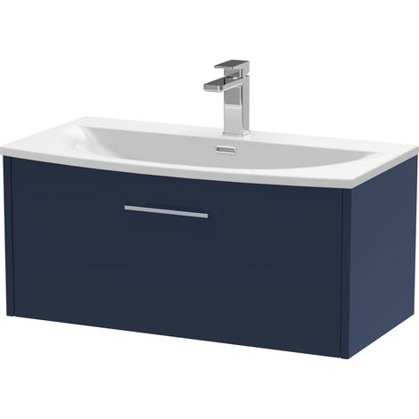 Winshill Contemporary 1 Drawer Wall Hung Vanity Unit with Curved Basin, Dark Blue, 800mm