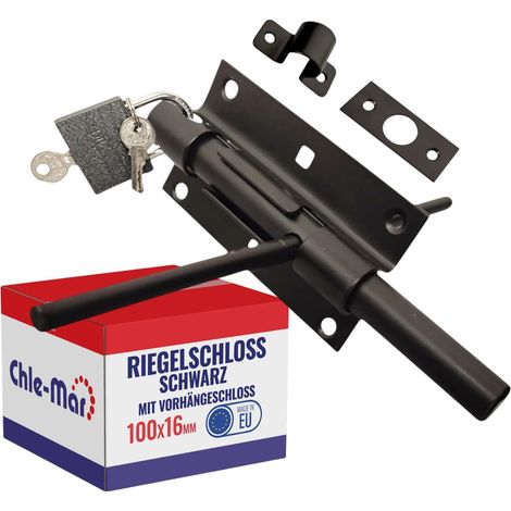 Verrou à boulon des deux côtés 100 mm, diamètre 16 mm, avec cadenas, verrou de porte extérieur noir pour portail et portail de jardin, verrou de portail robuste en acier et verrou coulissant (1/5)