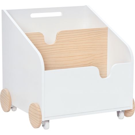 Coffre de rangement en bois pour jouets, 2 compartiments, avec roulettes et poignée, étagère à roulettes pour chambre d'enfant, 40 x 43 x 43 cm, blanc et naturel (1/5)