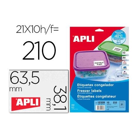 APLI 12328 - Etiquetas adhesivas blancas, tamaño 63,5x38,1 mm especiales para congelados en caja con 10 hojas