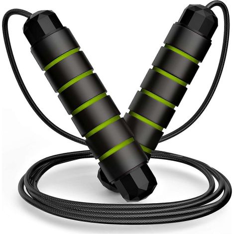 Corde à sauter, câble de corde à sauter rapide anti-nœuds avec roulements à billes pour femmes, hommes et enfants, corde à sauter en acier réglable avec poignées en mousse (1/5)