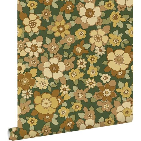 papier peint fleurs rétro vert foncé et jaune  - ESTAhome (1/5)