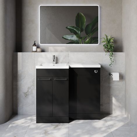 Napoli 390 Matt Black 1000mm 2 Door Vanity Unit Toilet Suite with Left Hand Square Lucia Basin - 1000mm - Chrome 160mm HandleWithout Kingston Toilet Pan