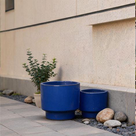 Set de 3 pots de fleurs en céramique bleue avec drainage (1/5)