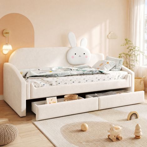 Divano letto per bambini 90 x 200 cm con contenitore, luce LED, velluto beige HAVRYA (1/5)