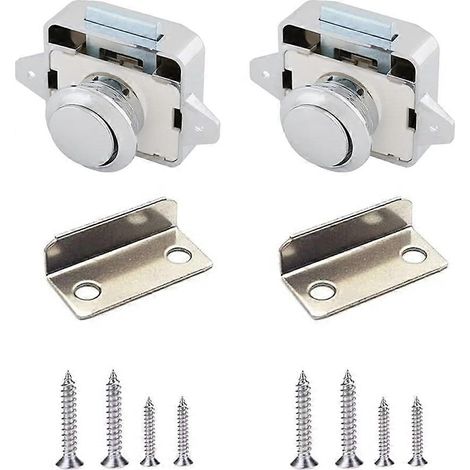 Lot de 2 verrous à poignée bouton, loquet à bouton-poussoir, verrou de porte à pression, loquet de porte de placard sans clé pour porte, armoire, camping-car, yacht (chrome) (1/5)