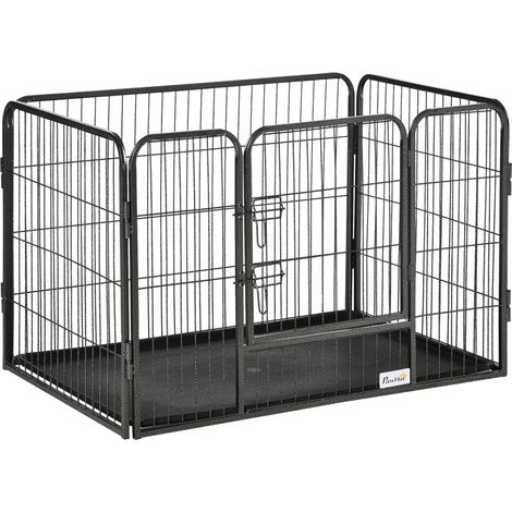 Parc chien métal gris 4 panneaux 125x78x80 cm avec double porte et bac fond, enclos intérieur extérieur sécurisé (1/5)
