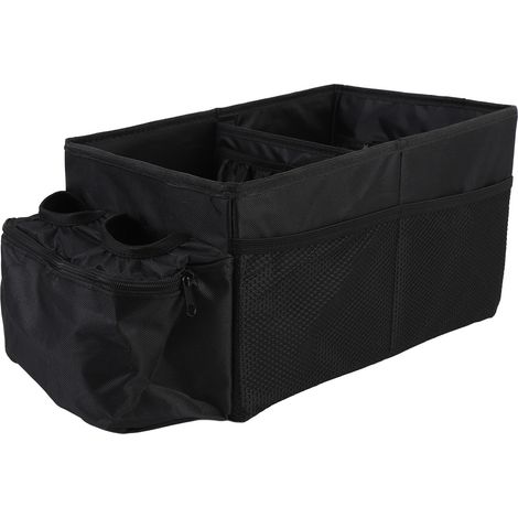 Small Trunk Organizer with Double Cup Holder Pocket Collapsible 600D Oxford Cloth 29L Waterproofing Seat Organizer for Front Rear Seat Black (1/4)