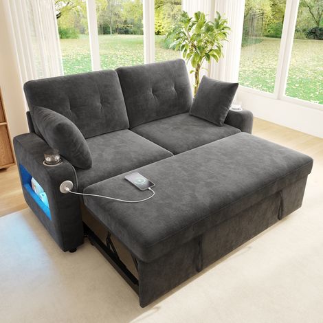 Canapé-lit convertible 2 places en chenille, avec LED, USB/USB-C, porte-gobelets, rangements dans les accoudoirs et 2 coussins - Gris (1/5)