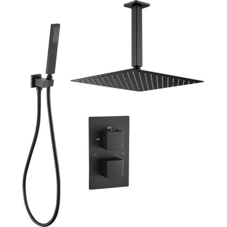 Ensemble de douche thermostatique de plafond TILSO noir mat Ø30 cm (1/3)
