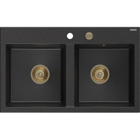 Mexen Hektor lavello in granito a 2 vasche 800 x 480 mm, nero/argento metallico, sifone dorato - 6521802000-73-G (1/5)