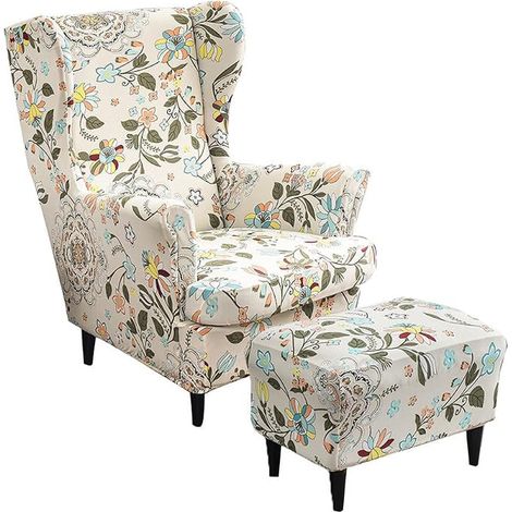 2 Piece Wing Chair Cover with Stretch Ottoman Cover Armchair Cover Cushion Cover Printed Non-Slip Armchair Cover Nordic Style