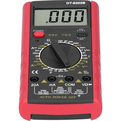 Multimètre numérique DT9205B affichage LCD, mesure AC/DC, précision élevée, alarme sonore, protection surcharge, voltmètre ampèremètre, rouge et noir (1/5)