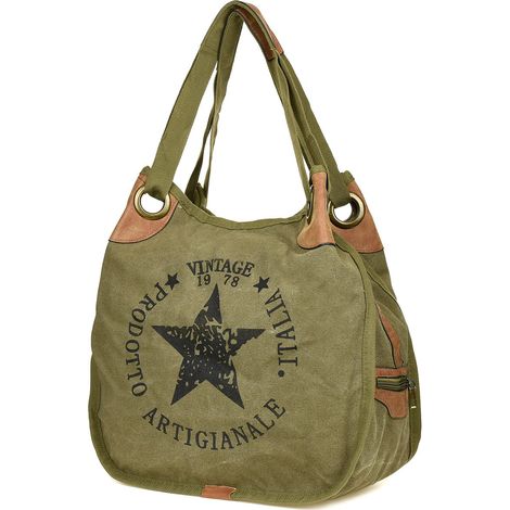 Borsa shopper Vivi Paris in tela con manici e tracolla, colore kaki (1/5)