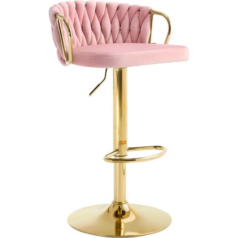 WOLTU 1x Barhocker, höhenverstellbarer Barstuhl, Drehstuhl mit geflochtener Rückenlehne Fußstütze, Barstuhl 360° drehbar, Tresenstuhl mit Samt und Metallrahmen, Rosa (1/5)