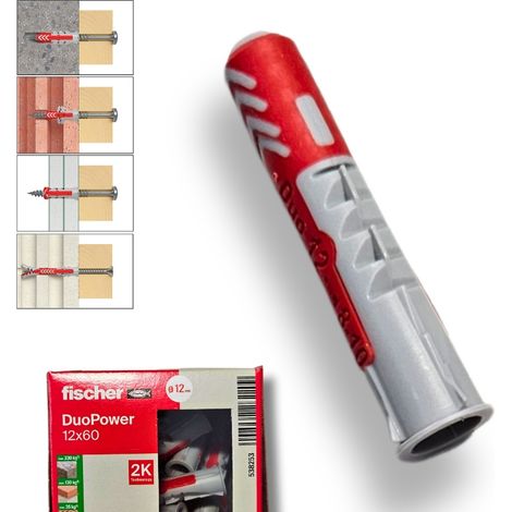 Cheville Fischer - 12 x 60 mm - Lot de 25 - Nylon robuste - Pour bois et béton - Fixation durable