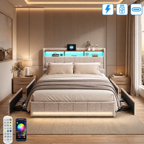 Lit rembourré 140x190 avec sommier éclairage LED et Charge USB, Lit Double avec 4 tiroirs et tête de lit de Rangement,en Lin,lit 2 Personnes pour Adultes et Adolescents