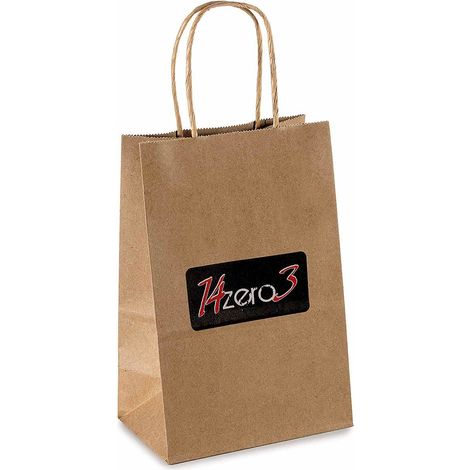Busta / sacchetto regalo S in carta kraft naturale riciclata con manici e logo 14zero3, set da 100 pezzi, cm 14 x 9 x 21 H