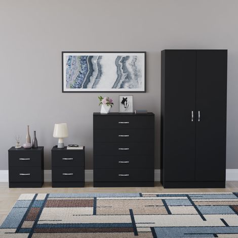 Riano 4 Piece Bedroom Set (2 Drawer Bedside Chest, 5 Drawer Chest, 2 Door Wardrobe) Black (1/5)