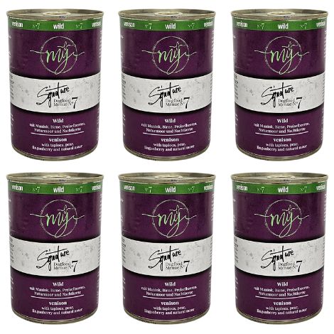 6 x Carne de venado 75% con yuca, arándanos y turba medicinal 410 g  Alimento para perros  My Signature