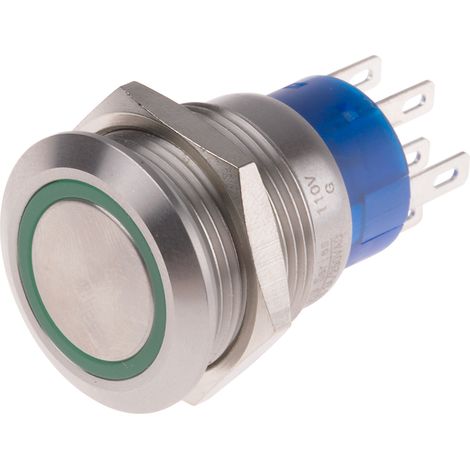 Bouton-poussoir, Momentané lumineux, LED Vert, 5 A, Argent, Montage panneau 110V ( Prix pour 1 ) (1/2)