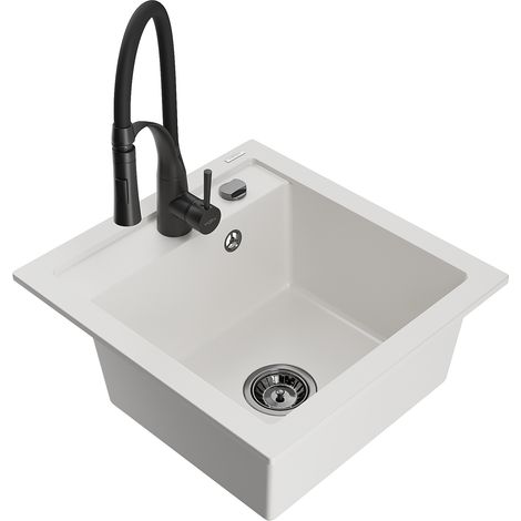 Mexen Vito fregadero de granito de 1 cubeta con grifo de cocina Aster, blanco - 6503-20-73450-70-B (1/5)