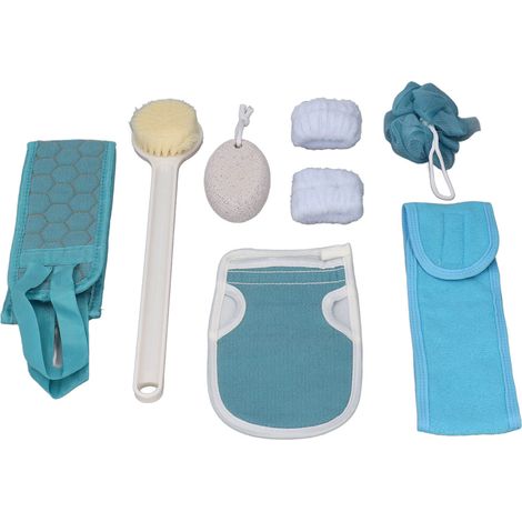 Ensemble de massage et gel douche comprenant une éponge exfoliante pour le dos, un gant de douche en luffa, une brosse à manche droit et un usage domestique. (1/5)