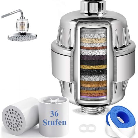 Filtre de douche à 36 niveaux Vitamine C E Filtre anti-calcaire Douche avec 2 cartouches filtrantes pour éliminer l'eau dure, le chlore résiduel et les métaux lourds avec pales de ventilateur (1/5)
