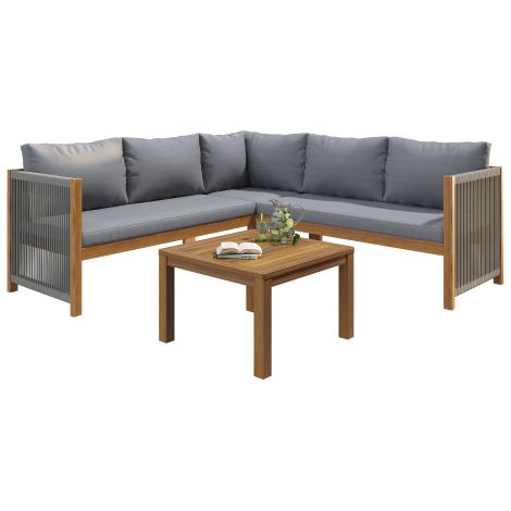 Ensemble jardin canapé d’angle + table basse, bois d’acacia, corde tressée (1/5)