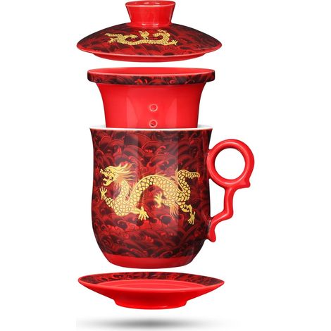 Tasse à Thé Céramique Dragon Rouge 400ml avec Infuseur et Soucoupe pour Infusion Quotidienne Cadeau (1/5)