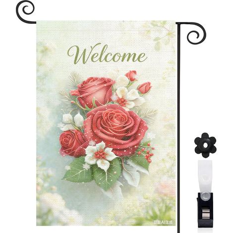 Drapeau de jardin Welcome et roses rouges brillantes 30 x 45 cm décoration porche et entrée (1/5)