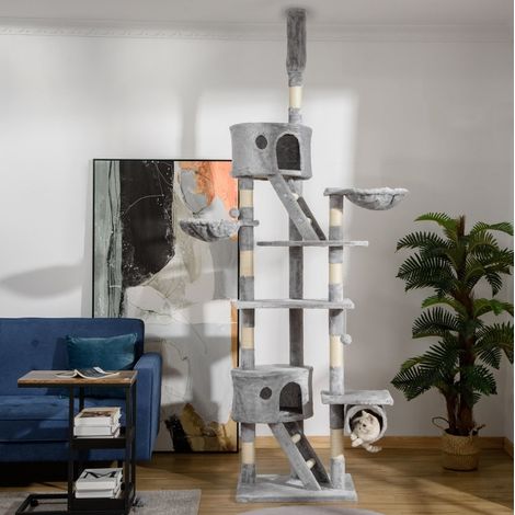 Árbol para gatos 60x45x260 cm de felpa y sisal gris claro, estable para gato grande - MEUBLIV (1/5)