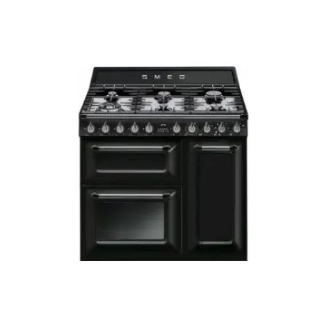 Smeg – Cuisinière gaz 6 foyers 900mm – 3 fours électriques – Nettoyage vapeur – Puissance 12700W – Classe A – Design noir
