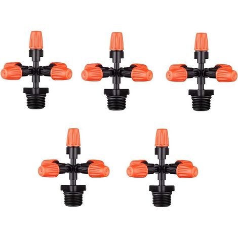 Adaptador de riego automático para invernadero de 5 piezas con 5 cabezales rociadores de jardín, boquilla atomizadora multidireccional con conector roscado hembra de 1/2 pulgada. (1/5)