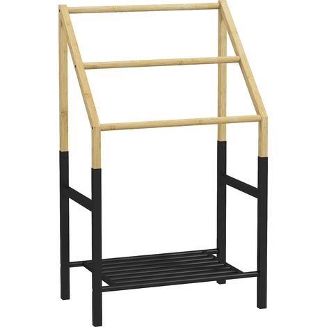 Porte-serviettes sur pied à 3 barres et étagère inférieure, en bambou et acier, 51 x 31 x 85,5 cm, coloris noir et bois (1/5)