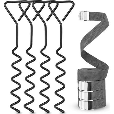 4 PcsAncrage au Sol, Kit Ancrage Balancoire, Trampoline en Spirale, Chevilles d'ancrages à Vis pour Accessoires Trampolines Maison Jardin + Sangles d'Arrimage de 3 m - (1/5)