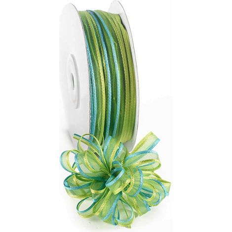 Ruban voile bicolore vert pomme et turquoise avec tirette pour nœud facile, 6 mm x 50 m