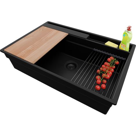 PRIMAGRAN Evier Cuisine en Granit 78x53cm, Lavabo 1 bac + Kit de Vidage + Accessoires, Évier à Encastrer au meuble 80cm - Oslo Pocket, Tout Noir