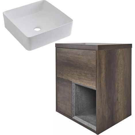 Milano Bexley Dark Oak 600mm Wall Hung Bathroom Vanity Unit with Countertop Basin - Square Basin (With LED Lights) (1/5)