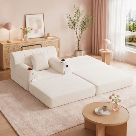 Poltrona letto 107/162 cm beige in velluto a coste, con schienale alto e portabevande (1/5)